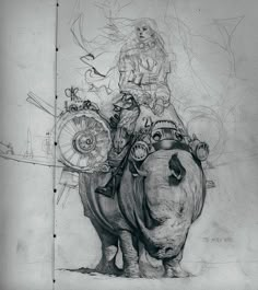 a drawing of a man riding on the back of a rhino