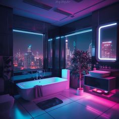 a bath tub sitting next to a window with city lights in the background at night