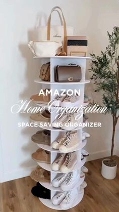 a stack of shoes and purses in front of a white wall with the words amazon home organization space saver organizer