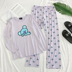 Bt21 Pajamas, Jungkook In Black, Bt21 Cartoon, Nighty Women, Comfy Pajamas, Black Pajamas, Women Sleepwear, Cute Pajama Sets