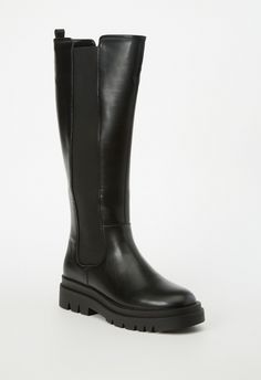 Material: Faux-Leather Outside Heel Height: 2" Closure: Functional Inside Zipper Shaft Height: 14.75" Fall Nyc, Black Flat Boots, Wide Width Boots, Fashion Shoes Boots, Lug Sole Boots, Italy Outfits, Wide Width Shoes, Cute Sneakers, Wide Calf Boots