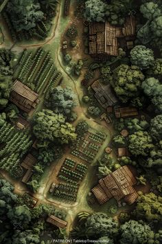 an aerial view of a village surrounded by trees