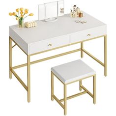 a white desk with two stools and a mirror on the top, next to it