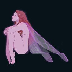 a drawing of a naked woman with wings on her head and legs, sitting in the dark