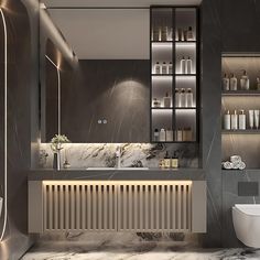 a modern bathroom with marble walls and flooring, including a radiator in the center