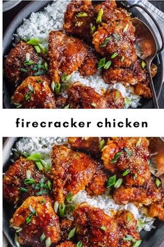 two pictures of chicken wings and rice with the words firecrackerr chicken on top