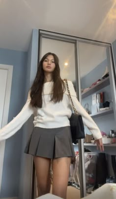 Fancy Fits Aesthetic, Aesthetic 2010s Outfits, Smart Casual Mini Skirt, Charcoal Skirt Outfit, Preppy White Outfit, Outfit With Gray Skirt, Skirt Fits Winter, Semi Formal Skirt Outfit, Tokyo Outfits Spring