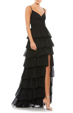 Mac Duggal Tiered Ruffle Empire Waist Chiffon Gown | Nordstrom Jovani Black Dress, Black Empire Waist Dress, Skirt And Thigh Highs, Black Formal Gown, Black Tiered Dress, Ruffled Gown, Ruffle Gown, Gown Style, Mac Duggal Dresses