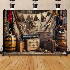 an image of a pirate themed room with chestes, chests and other items on the floor