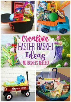 easter basket ideas for kids with text overlay that reads creative easter basket ideas no baskets needed