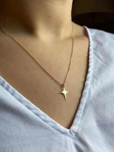 This 14k solid gold star necklace with northern star pendant is made of 14k Solid Yellow Gold.  This whimsigoth necklace 1,1 gr and will be sent with signed certificate of authenticity. We have also Rose Gold and White Gold options you can choose from the options section.  A perfect never take of and lifetime gift for her. Celestial jewelry pendant length is 14mm. Pendant width is 9mm.  Necklace length is 45cm (17,7 inch).  If you want your necklace longer or shorter, please contact with us via Sirius Star, Gold Star Necklace, Northern Star, United Parcel Service, Star Necklace Gold, Celestial Jewelry, Gold Star, Star Pendant, Pretty Jewellery