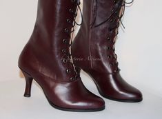 "Request a Custom Order and have something made just for you! Order your customised boots for wider feet, strong calf and narrow feet also. This is an individual boot execution, Manufactured with ZIP Beautiful Victorian High Heel Boots inspired from 1920 boot style, with thinner heel. Best Italian leather in worn burgundy colour with suede leather inside. Are issued by limited series. Mid calf height: height of the heel 2.6\" inch/ 7 cm length of the boot from the bottom of the sole (at the heel Historical Round Toe Boots For Formal Occasions, Victorian Leather Boots For Formal Occasions, Victorian Boots With Leather Sole For Fall, Victorian Boots With Leather Sole For Formal Wear, Victorian Boots For Formal Fall Occasions, Fitted Leather Sole Boots With Closed Toe, Historical Formal Boots With Round Toe, Historical Round Toe Formal Boots, Classic Fitted Lace-up Boots With Pointed Toe