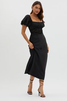 Allianna Puff Sleeve Lace Waist Midi Dress Black Romantic Date Night, Fashion Things, Midi Dress Black, Romantic Date, Frill Dress, Bandeau Dress, Iron Material, Waist Dress, Black Midi Dress