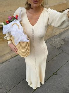 43131351105583|43131351138351|43131351171119 Elegant Cream Knitted Dress, Full Sleeve Maxi Dress, Elegant Knit Maxi Dress With V-neck, Knitted Long Dress, Sirens Fashion, Luxury Knit Midi Dress With V-neck, Luxury Knit V-neck Midi Dress, Beige Knitted V-neck Sweater Dress, Long Knitted Dress