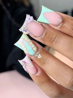 Summer Duck Nails Acrylic, Exotic Summer Nails, Summer Duck Nails, Vacay Nails, Pink Tip Nails