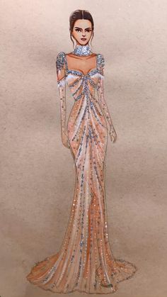 a drawing of a woman in an orange dress with sequins on her shoulders