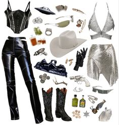 an assortment of clothing and accessories are arranged on a white background, including boots, bras, hats, bracelets, sunglasses