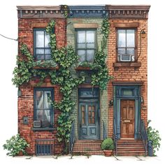 a watercolor painting of an old brick building with ivy growing on it's windows