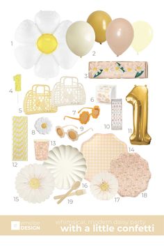 a poster with balloons, flowers and other items