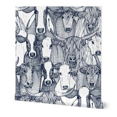 a black and white drawing of cows with long horns on it's head, surrounded by other animals