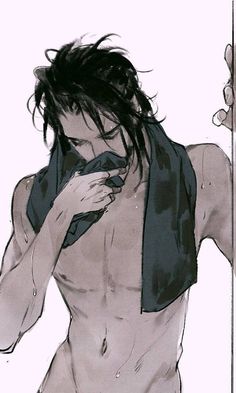 a drawing of a shirtless man with his hand on his face and neck tie around his neck