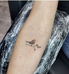 a small bird on a branch tattoo on the left inner arm and leg, with an arrow in the middle