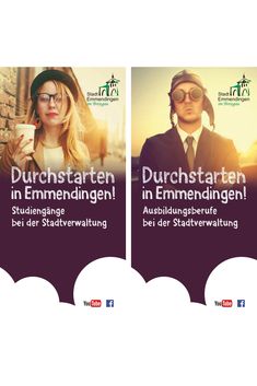 two banners with the words in german and an image of a woman holding a cell phone