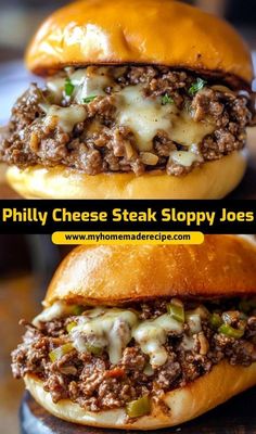 two cheese steak sloppy joes are stacked on top of each other with the words, phily cheese steak sloppy joes