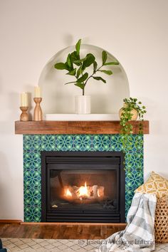 a living room with a fire place and potted plant