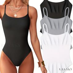 Lasaky - Essential Spaghetti Strap Bodysuit Trio: Versatile Sleeveless Summer Fashion Essential for Women Spaghetti Strap Bodysuit, Summer Bodysuits, Strap Bodysuit, Fashion Essentials, Grey And White, Spaghetti Strap, Color Mixing, Spaghetti, Summer Fashion