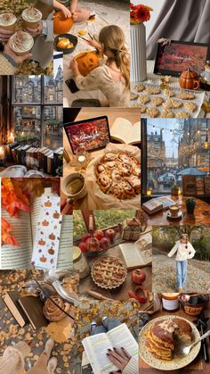 a collage of photos with pumpkins, pies and other food on it