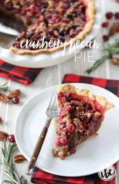 a slice of cranberry pecan pie on a plate