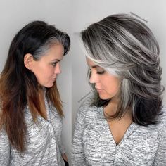 Medium Brunette Hair, Grey Hair Transformation, Grey Hair Inspiration, Blond Balayage, Medium Layered Hair, Haircut Curly, Natural Wavy Hair, Blending Gray Hair