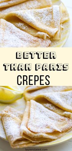 two plates filled with crepes covered in powdered sugar and banana peels