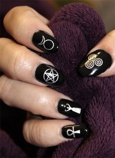 Unleash your inner witch with these spellbook-inspired nails! 🖤📚 Featuring mystical symbols, arcane scripts, and enchanted designs, these nails are perfect for casting some serious style spells. 💅✨ #AncientSpellbook #MysticalMani #MagicNails Rune Nail Art, Wiccan Symbols, Gothic Nails, Goth Nails, Grunge Nails, Halloween Nail Designs, Halloween Nail Art