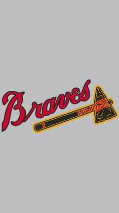 the braves logo is shown on a gray background with red and yellow lettering that reads braves