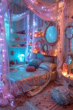 a bedroom decorated in blue and pink with lights on the ceiling, bed canopy over it