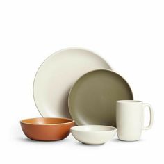 an assortment of dishes and cups on a white background