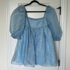 Size Large But Runs A Bit Small! Short Babydoll Dress. Washed Once But Never Worn. Sleeves Can Be Worn Off The Shoulder. Short Babydoll Dress, Melanie Concert, Babydoll Dress, Baby Dolls, Mood Board, Off The Shoulder, Colorful Dresses, Color Blue, Sewing Crafts