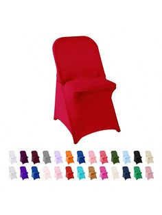 various colors of chairs and covers for different types of chairs, including one red chair