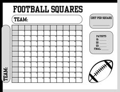 a printable football squares calendar with the words team and a football ball on it