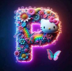 the letter p is decorated with flowers and a hello kitty figure next to a butterfly