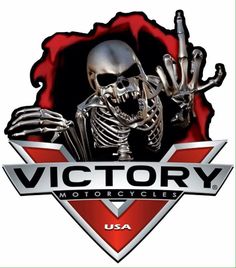 the victory motorcycle logo is displayed on a white t - shirt with red and black accents