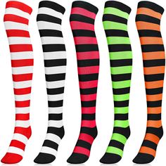 PRICES MAY VARY. Package included: you will receive 5 pairs of Halloween striped stockings in 5 different colors, sufficient quantity and various colors can meet your daily needs and replacement demand Quality material: these striped knee socks are made of polyester, which is breathable and comfortable, soft, not easy to slip, good elasticity, not easy to fade and deform, which can bring you a good wearing experience and last for a long time Modify your leg shape: our Halloween over knee high so Thigh High Hosiery For Halloween Costume Party, Thigh High Legwear For Halloween Cosplay, Knee-high Hosiery For Cosplay, Halloween Thigh High Socks, Striped Knee-high Socks For Stocking Stuffers, Halloween Knee-high Socks For Stocking Stuffer, Pink Striped Thigh High Socks, Striped Thigh Highs, Striped Thigh-high Stretch Stockings