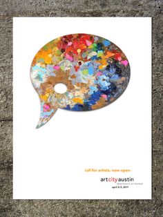 a poster with an image of a speech bubble painted in multi - colored paint on white paper