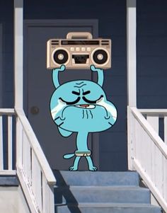 a cartoon character with a boombox on his head is standing in front of a door