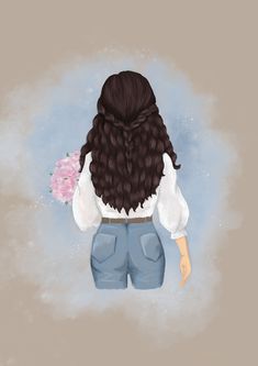 the back of a woman's head with long hair and flowers in her hand