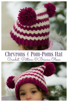 the chevrons and pom - poms hat crochet pattern is shown