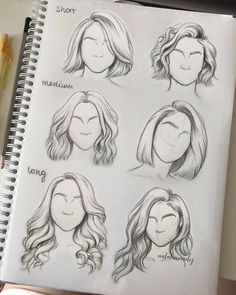 a notebook with some drawings of different women's hair