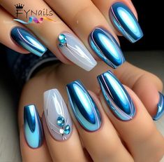 Den Curtains, Vanessa Nails, Blue Nail Design, Casket Nails, Toenail Art, Elegant Touch Nails, Blue Nail Art Designs, Holographic Blue